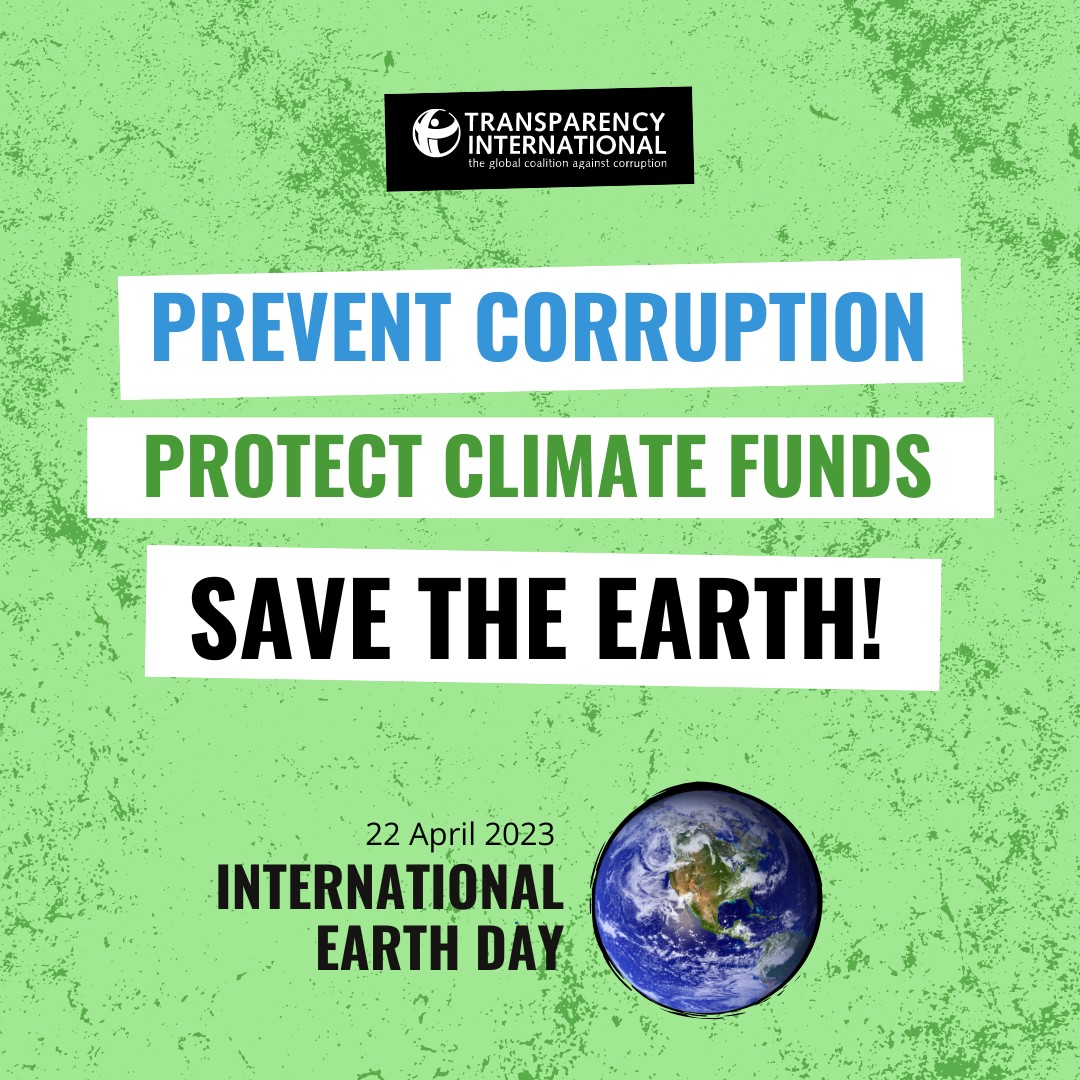 Banner that says: Prevent Corruption. Protect Climate Funds. Save the planet. Transparency International.