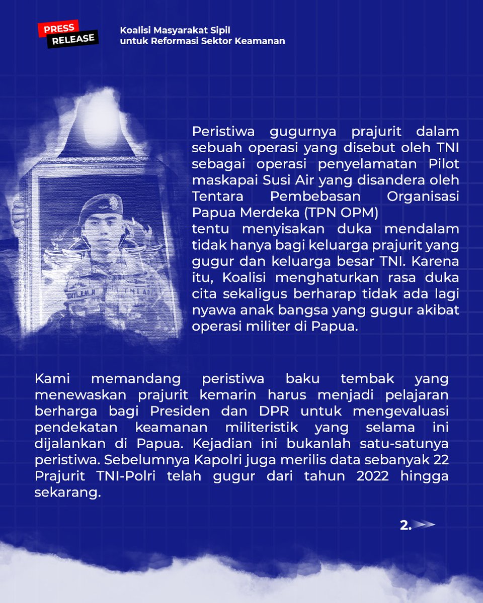 PBHI_Nasional's tweet photo. [Siaran Pers] 
Koalisi Masyarakat Sipil untuk Reformasi Sektor Keamanan

”Hentikan Operasi Tempur di Papua, Presiden Harus Penuhi Janji Laksanakan Dialog”

Pilihan operasi tempur adalah pilihan kebijakan yang akan terus memproduksi spiral kekerasan. Jika itu pilihan kebijakan https://t.co/uiwrPGa4Of