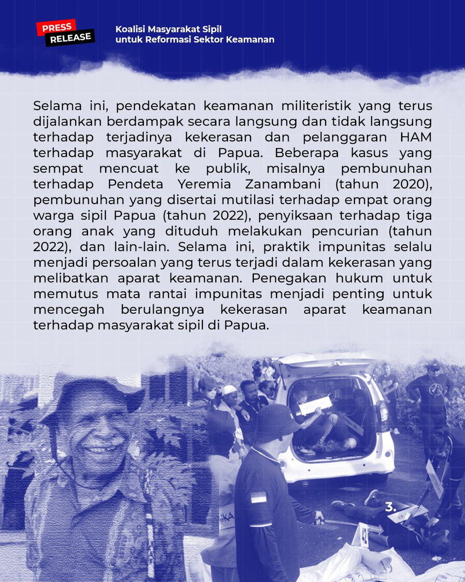 PBHI_Nasional's tweet photo. [Siaran Pers] 
Koalisi Masyarakat Sipil untuk Reformasi Sektor Keamanan

”Hentikan Operasi Tempur di Papua, Presiden Harus Penuhi Janji Laksanakan Dialog”

Pilihan operasi tempur adalah pilihan kebijakan yang akan terus memproduksi spiral kekerasan. Jika itu pilihan kebijakan https://t.co/uiwrPGa4Of