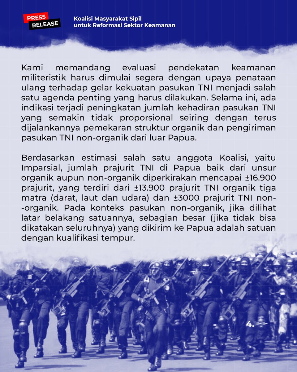 PBHI_Nasional's tweet photo. [Siaran Pers] 
Koalisi Masyarakat Sipil untuk Reformasi Sektor Keamanan

”Hentikan Operasi Tempur di Papua, Presiden Harus Penuhi Janji Laksanakan Dialog”

Pilihan operasi tempur adalah pilihan kebijakan yang akan terus memproduksi spiral kekerasan. Jika itu pilihan kebijakan https://t.co/uiwrPGa4Of
