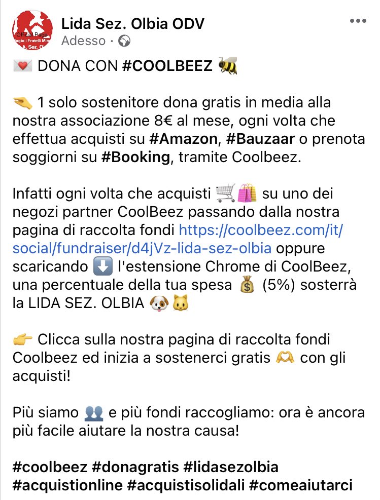LidaSezOlbia's tweet photo. 💌 DONA CON #COOLBEEZ 🐝

ogni volta che acquisti 🛒🛍️ su uno dei negozi partner CoolBeez passando dalla nostra pagina di raccolta fondi https://t.co/z4Hk4LwPDY oppure scaricando ⬇️ l'estensione Chrome di CoolBeez, il 5% della tua spesa sosterrà la LIDA SEZ. OLBIA 🐶🐱 https://t.co/DIHJIfjRNq