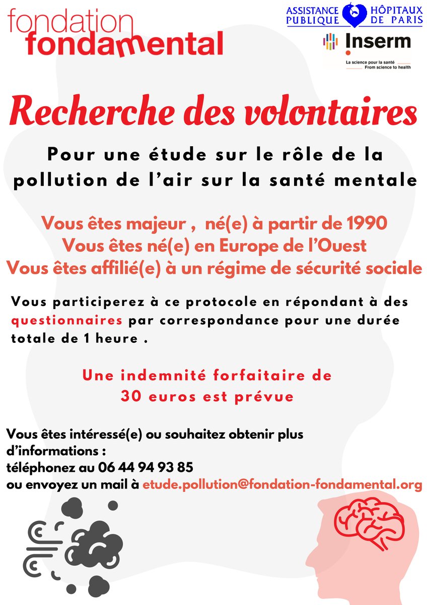 FondaMental_Psy's tweet photo. 📢 Afin de mieux comprendre le rôle de la pollution de l’air sur la santé mentale, la Fondation FondaMental recherche des volontaires pour une étude portée par le Pr. Schurhoff ( @UPECactus) 

Si vous êtes intéressé(e) ou souhaitez obtenir plus d’informations, contactez-nous ⬇️ https://t.co/6k3pzXkE6B