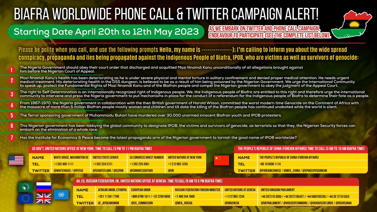 real_IpobDOS's tweet photo. Every Genuine Hardcore IPOB family member, Biafrans worldwide and lovers of freedom are called upon to join this Campaign 
@cedoziemm @mfa_russia @StateDept @GermanyDiplo @ukhomeoffice @SwissMFA @UN @_AfricanUnion @EU_Commission 
#FreeMaziNnamdiKanu 
#BiafraReferendumNow
#WeMove https://t.co/XgRyZ3p14I