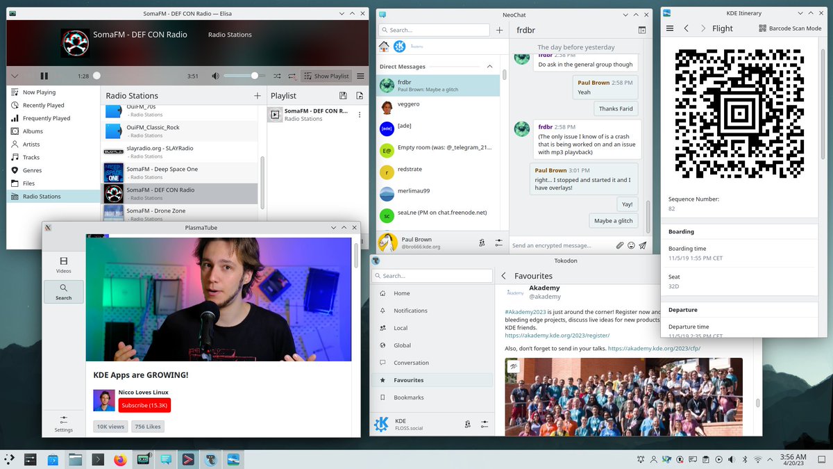 kdecommunity's tweet photo. KDE Gear ⚙️ 23.04 has landed! Check out new arrivals 🛸 like Tokodon (Mastodon client); tube 📺 apps AudioTube and PlasmaTube; the Kasts podcast app...

... And the new features in Kdenlive, NeoChat, Itinerary, and much more.

https://t.co/iWBQYhZs7N https://t.co/hCdDkRA5yP