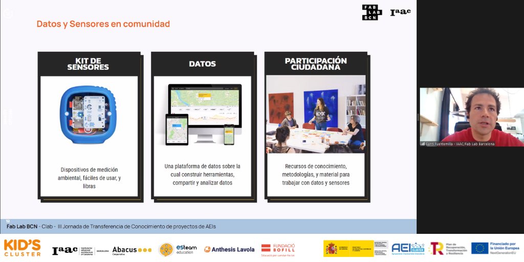 KIDSCLUSTER's tweet photo. (2/4) @SantiFu, de @fablabbcn | @IAAC, ha presentado el proyecto Clab #CircularLab, en la III Jornada de Transferencia de Conocimiento de proyectos #AEIs.
"Clab busca innovar y desarrollar prácticas circulares y abiertas, para mejorar el aprendizaje en entornos educativos". https://t.co/GRJnOk3L2d