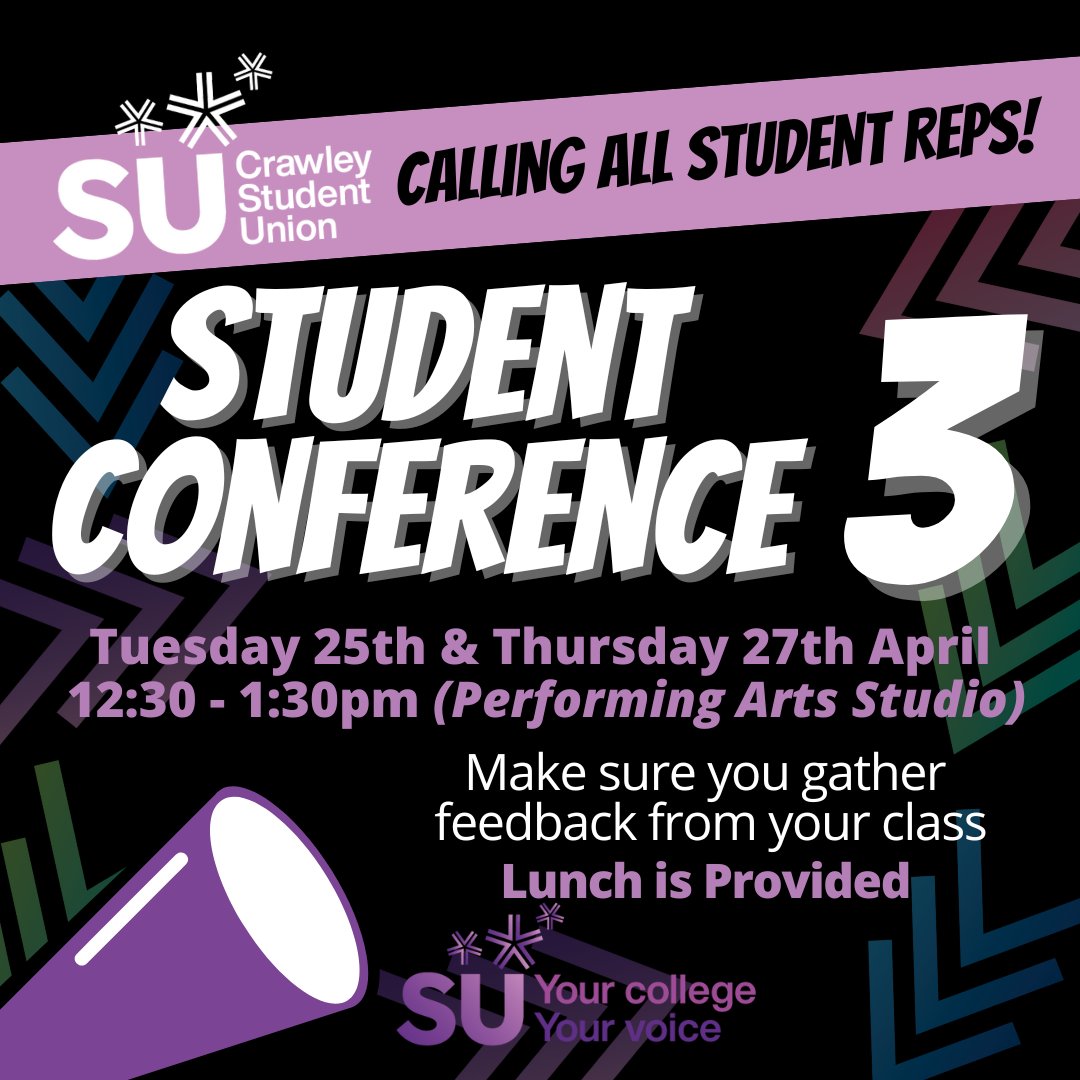 crawley_su's tweet photo. Student Conference 3 is nearly here! Make sure you come along and get your voice heard! https://t.co/8za093clpf