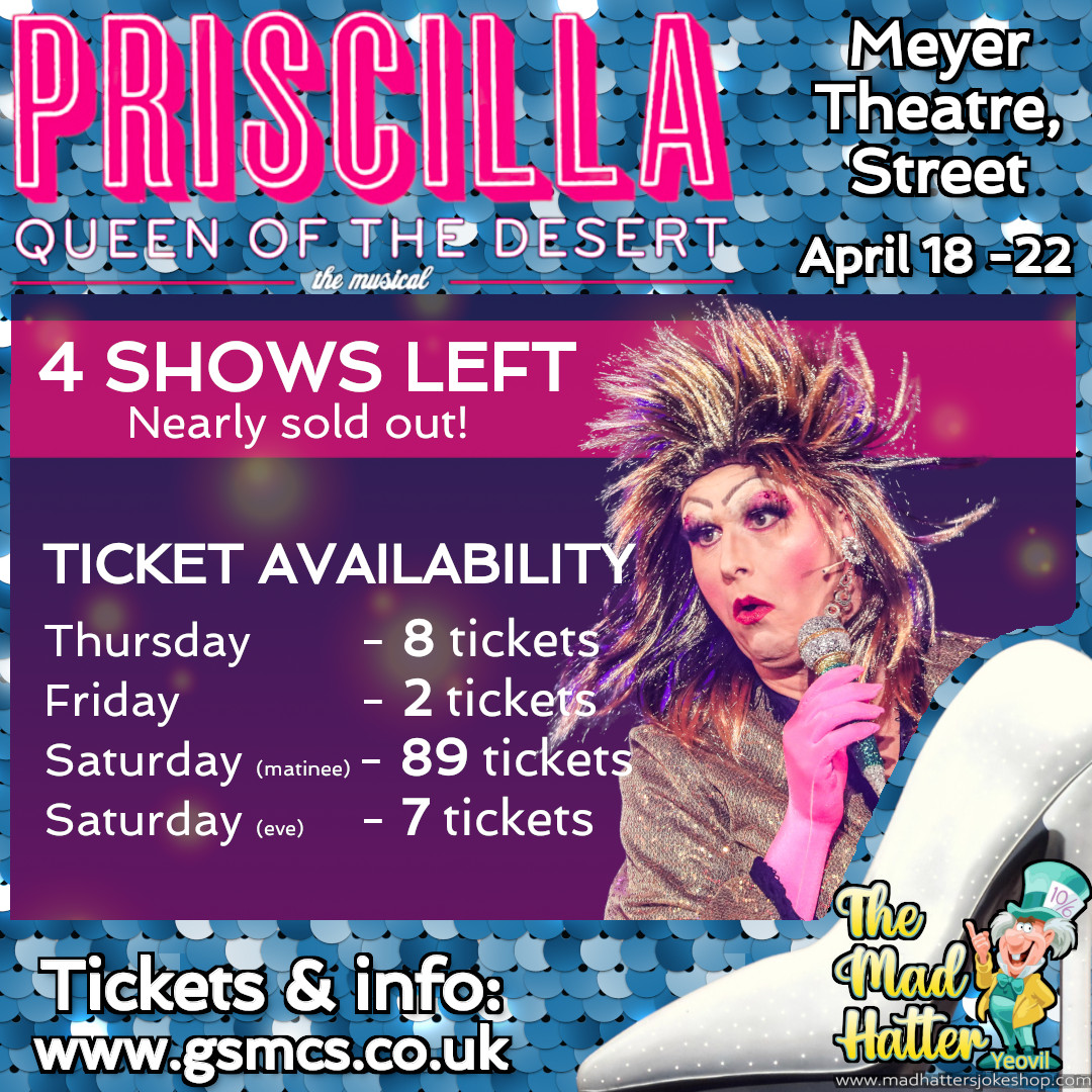 GSMCSociety's tweet photo. 𝟮 𝘀𝗵𝗼𝘄𝘀 𝗱𝗼𝘄𝗻 - 𝗻𝗲𝗮𝗿𝗹𝘆 𝘀𝗼𝗹𝗱 𝗼𝘂𝘁!

Even as we're typing this, tickets are being sold, so snap them up quickly: https://t.co/Z6NAA3ugXr

#theatre #stage #Priscilla #QueenOfTheDesert #DragQueens #Australia #glastonbury #somerset #musical #performingarts https://t.co/RjKnsRy0Jv