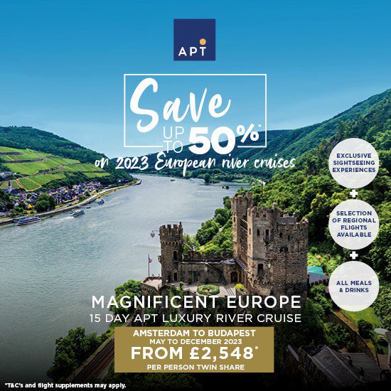 APT Agent Club UK (@aptagentclub) on Twitter photo 𝑺𝑨𝑽𝑬 𝑼𝑷 𝑻𝑶 5️⃣0️⃣% 
~ 15-day APT Luxury River Cruise 
𝐅𝐫𝐨𝐦 £𝟐,𝟓𝟒𝟖𝐩𝐩*
So much included: 
✈️ Return scheduled flights*
🌉 Experiences in 14 destinations
🍽️ Luxury dining 
🎻Visit Vienna’s City Palace for a cocktail party and private classical concert
And more! 𝑺𝑨𝑽𝑬 𝑼𝑷 𝑻𝑶 5️⃣0️⃣% 
~ 15-day APT Luxury River Cruise 
𝐅𝐫𝐨𝐦 £𝟐,𝟓𝟒𝟖𝐩𝐩*
So much included: 
✈️ Return scheduled flights*
🌉 Experiences in 14 destinations
🍽️ Luxury dining 
🎻Visit Vienna’s City Palace for a cocktail party and private classical concert
And more!