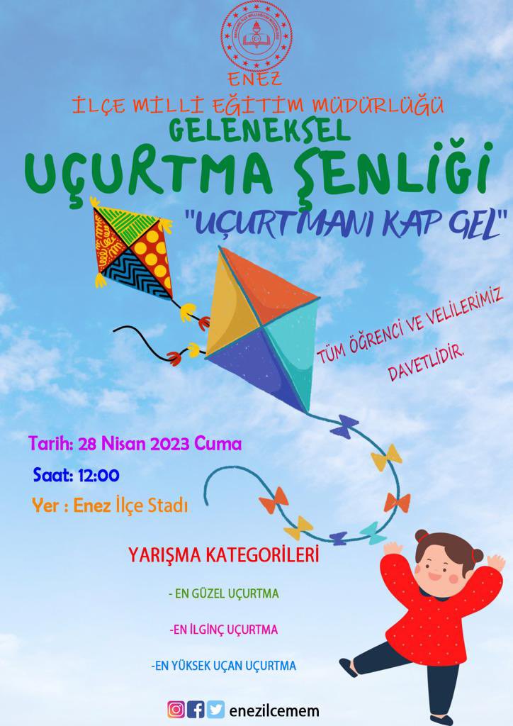 “Uçurtma  Şenliği”miz 28 Nisan tarihinde yapılacaktır.
<a href="/edirne_valiligi/">Edirne Valiliği</a> <a href="/kaymakam_enez/">Enez Kaymakamlığı</a> <a href="/Edirne_MEM/">Edirne İl Millî Eğitim Müdürlüğü</a> <a href="/Dr_Onderarpaci/">Dr. Önder ARPACI</a>