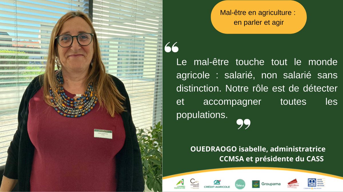 #MalEtreAgriAgissons 
<a href="/OUEDRAOGOISABEL/">OUEDRAOGO  isabelle</a>, administratrice CCMSA intervient sur l'importance d'accompagner toutes les populations en situation de mal-être : jeunes, moins jeunes, personnes en situation de précarité ou pas, tout le monde peut être touché par des difficultés.
