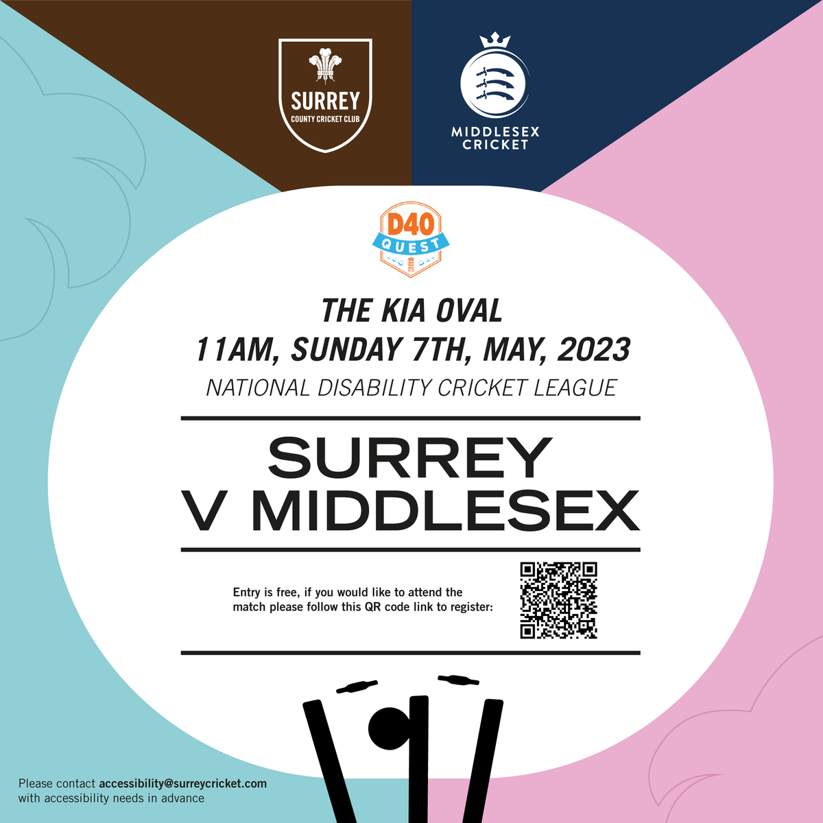 SurreyCricketFd's tweet photo. 🏏 ICYMI - Sunday 7th May will see the highly anticipated @surreycricket vs @Middlesex_CCC Disability National League (D40 Quest) fixture take place at The Kia Oval! 
🍻 Bar open
🍔 Food on sale in the Long Room
Tickets are FREE, register below 👇 
https://t.co/BfMRtWzREQ https://t.co/91HCoZ6xoM