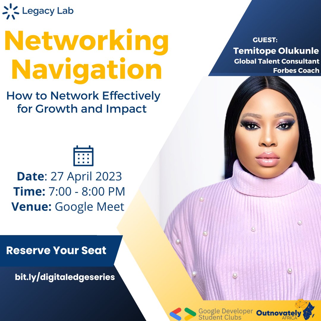 legacylabng's tweet photo. Discover the strategies and techniques for effective networking with insights from Temitope Olukunle, an industry expert and keynote speaker at #TheDigitalEdge series on Networking Navigation, Register today!
#networkingtips #digitalprofessionals #LegacyLab #digitalinnovation https://t.co/KbpTYSyVab