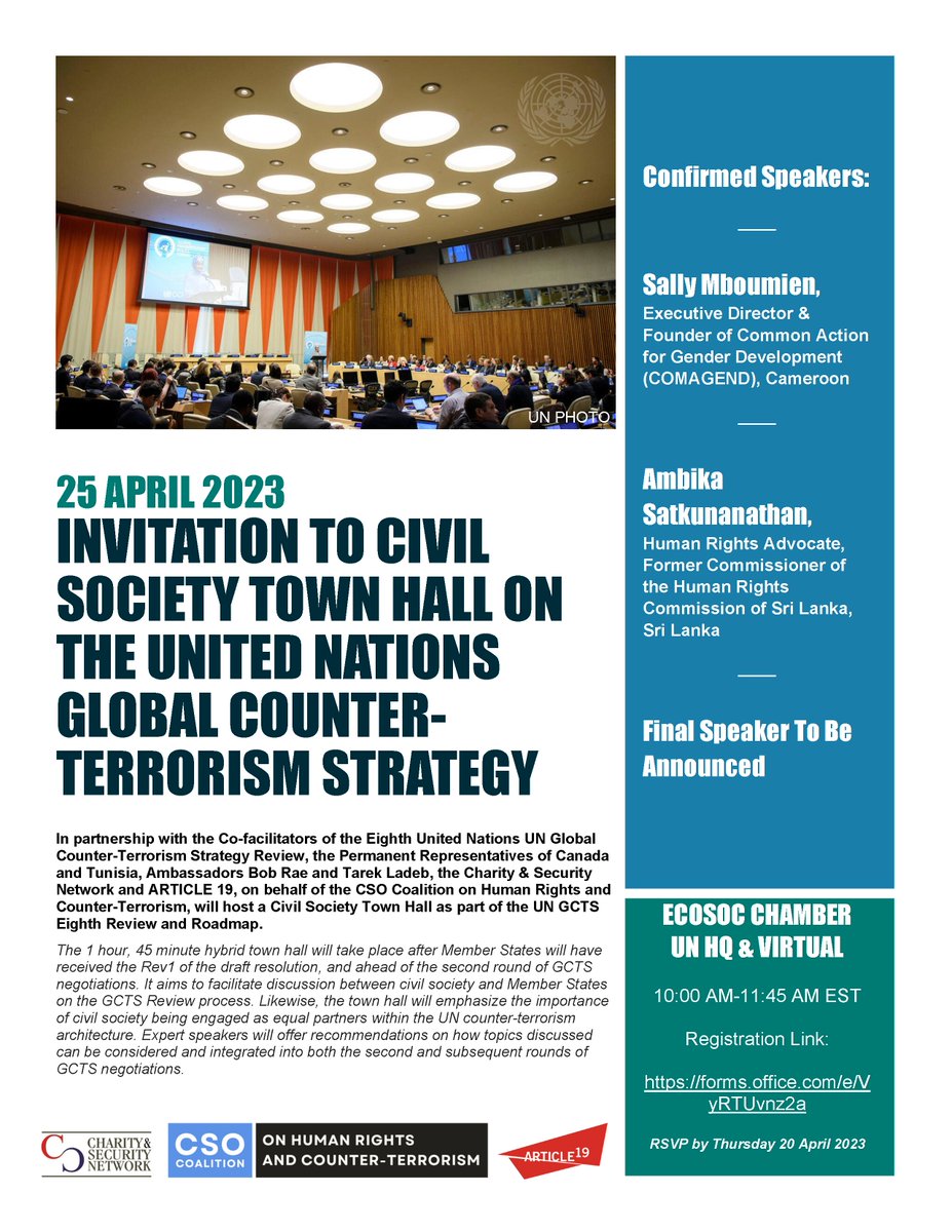 🚨RSVP Today Join @CSO_coalitionCT reps @CharitySecurity & ARTICLE 19 for a Civil Society Town Hall on the #UN Global Counter-Terrorism Strategy. Hosted by @AnnaOosterlinck & @iamshleigh   With @SallyMMboumien & @ambikasat 📅25 April | 10:00-11:45 AM EST forms.office.com/e/VyRTUvnz2a