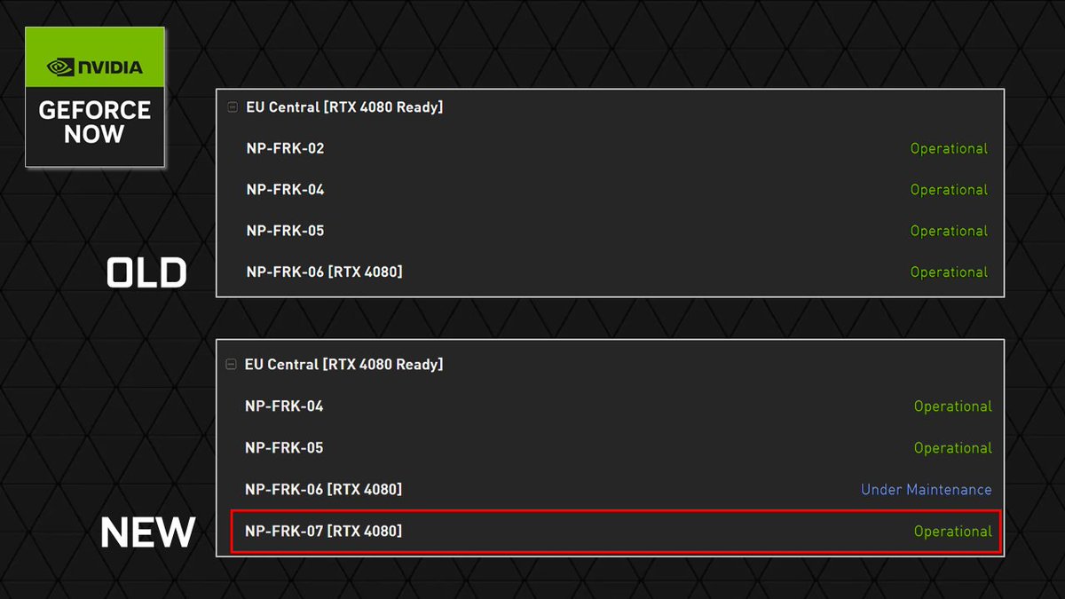 in7ead's tweet photo. It looks like the #GeForceNOW servers in Frankfurt (EU Central) got an update... 👀

A second wild RTX 4080 Superpod appeared! ✨

https://t.co/lp1CkExiN3

#GeForceNOW #RTX4080 #UltimateUpgrade https://t.co/KktX9jPW8m