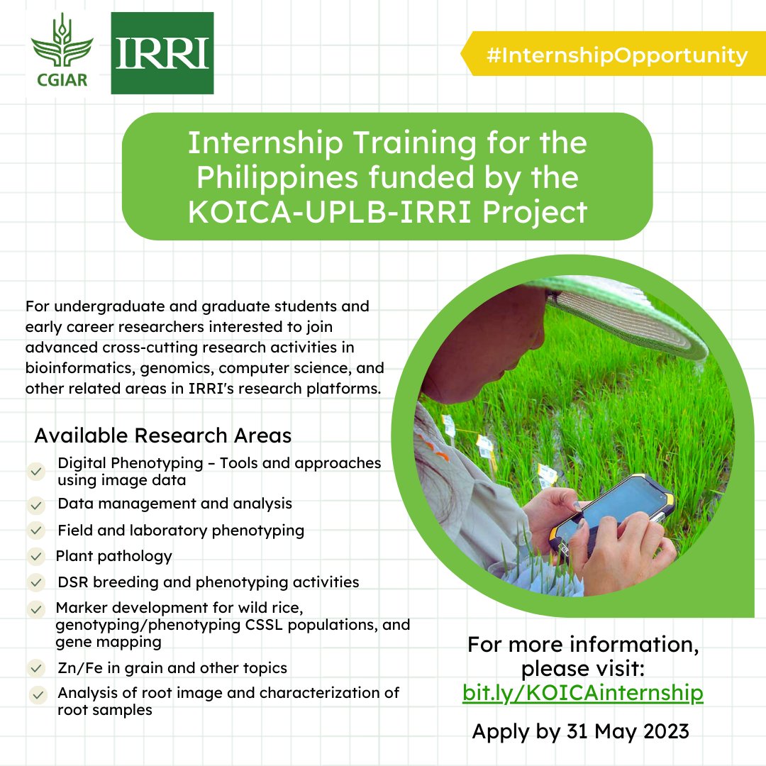 irri's tweet photo. #INTERNSHIP OPPORTUNITY for FILIPINO SCHOLARS!
📢 Calling students &amp; early-career professionals!
@IRRI is accepting internship applications to join teams from various IRRI research platforms.

📅 Apply by 31 May 2023 
🔗 Visit https://t.co/tJ4WG7DtHh https://t.co/0oR7iDxVKK