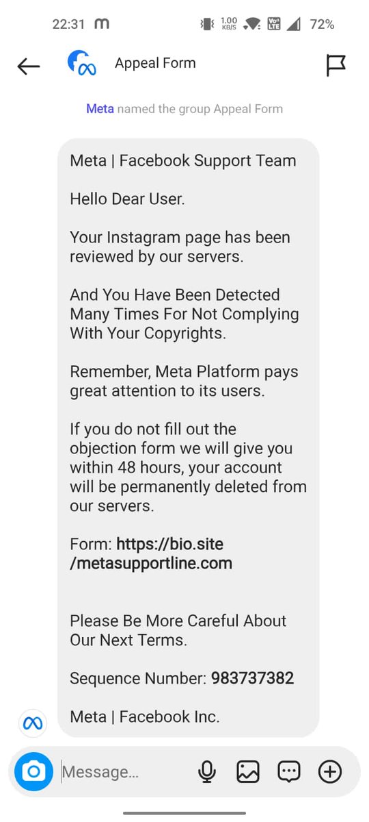 DanishTyagi's tweet image. Be aware of Phishing Attacks 
If anyone gets this kind of message in their FB or Insta account do not open the link or your account is hacked
Share this msg with your family and friends
#phishingattack #phishingattackprevention #cybersecurityawareness #hacking #meta @elonmusk