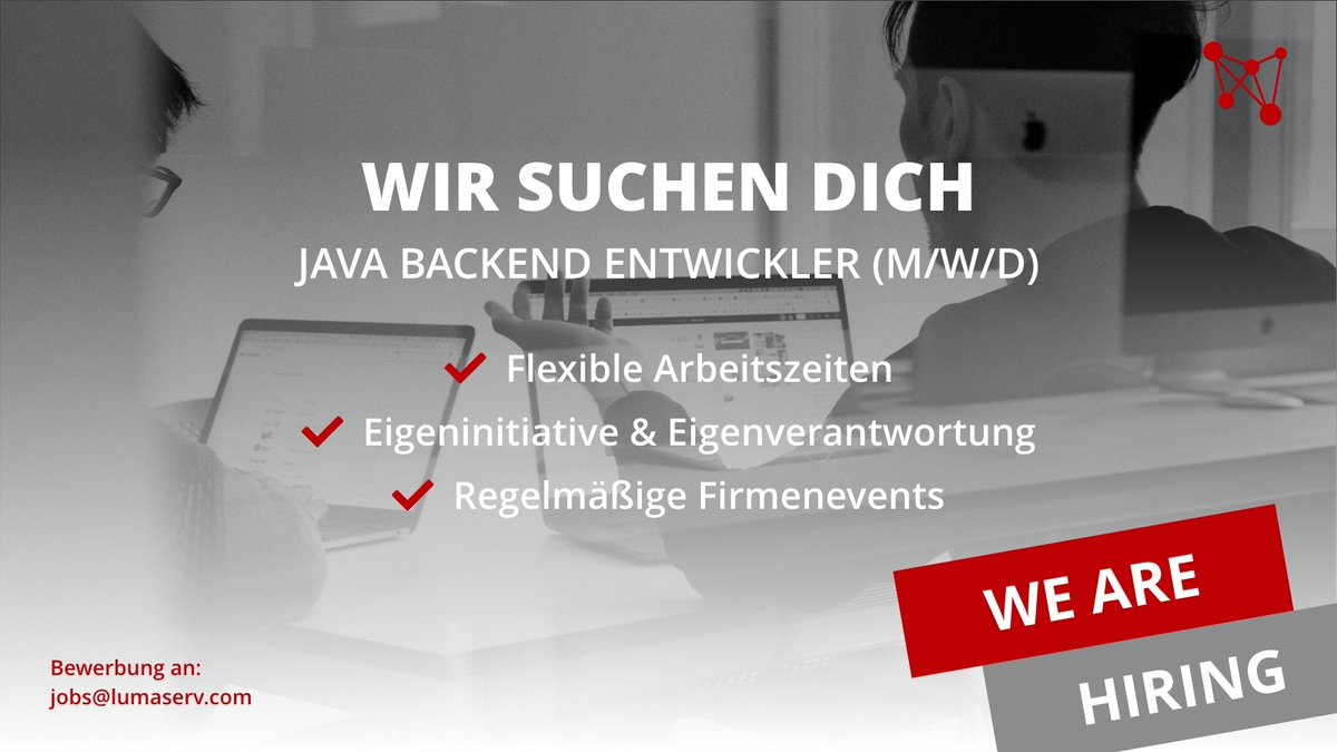LUMASERV (@lumaserv) on Twitter photo Wir suchen Dich 🖐️
.... als Java Backend Entwickler (m/w/d).
💡 Du hast den Anspruch, Dich in neue Technologien einzuarbeiten? Du teilst Dein Wissen gern mit deinen Kolleg:innen? Du hast gute Kenntnisse in Java?
Dann freuen wir uns auf Deine Bewerbung an jobs@lumaserv.com. ✌️ Wir suchen Dich 🖐️
.... als Java Backend Entwickler (m/w/d).
💡 Du hast den Anspruch, Dich in neue Technologien einzuarbeiten? Du teilst Dein Wissen gern mit deinen Kolleg:innen? Du hast gute Kenntnisse in Java?
Dann freuen wir uns auf Deine Bewerbung an jobs@lumaserv.com. ✌️