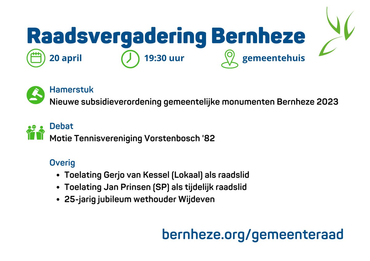 Vanavond om 19:30 uur vergadert de gemeenteraad. Je bent van harte welkom op de publieke tribune. De vergadering is ook online te volgen via deze link: bit.ly/3orJHkD. Bekijk hieronder de agenda. Meer info? Ga naar bernheze.org/gemeenteraad.
