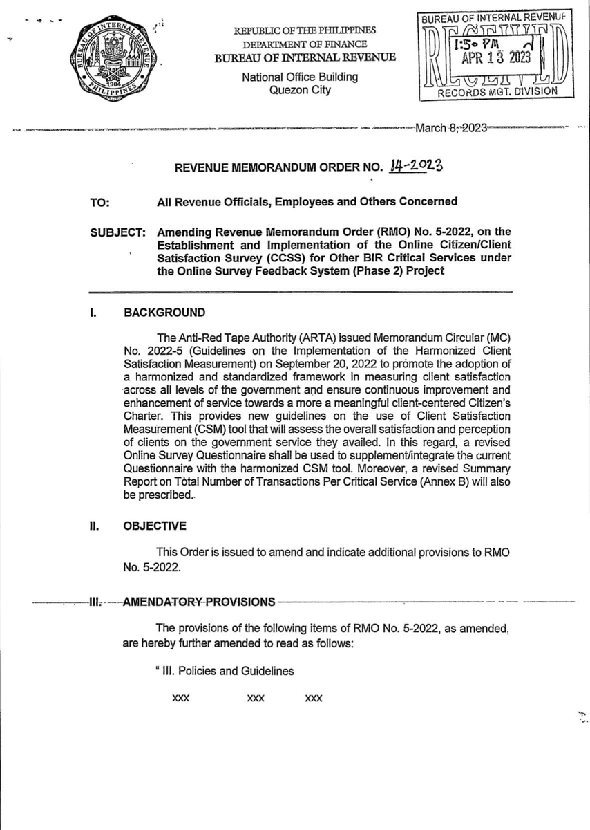 AMC_CPAs's tweet image. Latest BIR Update: RMO No. 14-2023 changes RMO No. 5-2022 for Online Citizen/Client Satisfaction Survey on BIR Critical Services. It&apos;s part of the Online Survey Feedback System (Phase 2) Project. #BIR #Update #FeedbackSystem