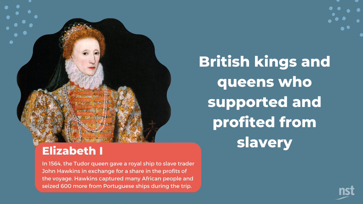 NSTHistory's tweet image. An interesting article for classrooms covering the slave trade; The Guardian newspaper explores the British Kings and Queens who supported and profited from slavery, including Elizabeth I and Charles I:
ow.ly/aASL50NJ2WI
#Tudors #Edexcel #Historyteacher