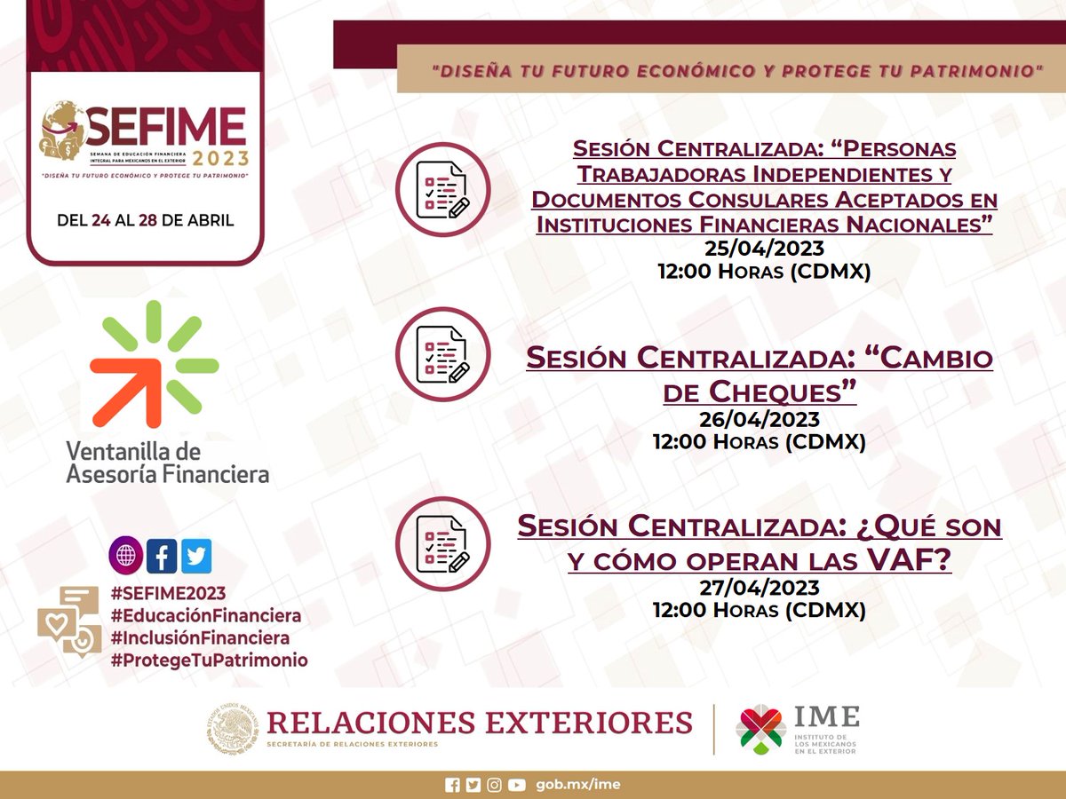 ConsulMexBCN's tweet photo. 📢 Llega la Semana de Información Financiera #SEFIME2023.
 
📈 Del 24 al 28 de abril, descubre cómo mejorar tu protección e #inclusiónfinanciera con información, herramientas y recursos que te ayudarán a tomar decisiones financieras inteligentes y efectivas.
 
  @IME_SRE https://t.co/DjYaVKHz0G