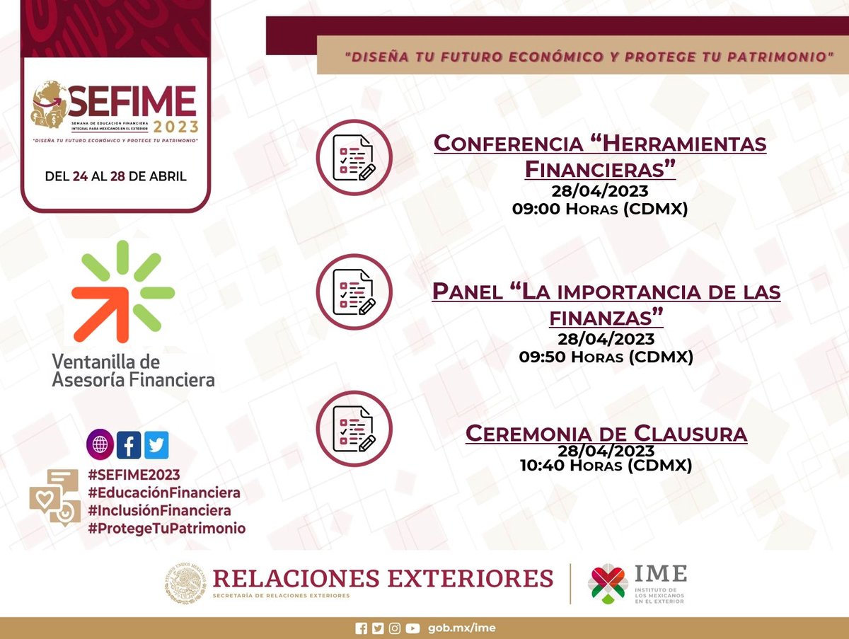 ConsulMexBCN's tweet photo. 📢 Llega la Semana de Información Financiera #SEFIME2023.
 
📈 Del 24 al 28 de abril, descubre cómo mejorar tu protección e #inclusiónfinanciera con información, herramientas y recursos que te ayudarán a tomar decisiones financieras inteligentes y efectivas.
 
  @IME_SRE https://t.co/DjYaVKHz0G