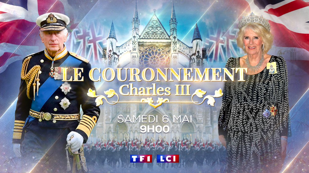 TF1Info's tweet photo. 🔴 𝐋𝐄 𝐂𝐎𝐔𝐑𝐎𝐍𝐍𝐄𝐌𝐄𝐍𝐓 - 𝐂𝐇𝐀𝐑𝐋𝐄𝐒 𝐈𝐈𝐈 👑

🇬🇧 Suivez le #couronnement de #CharlesIII. 

🗣️ @ACCoudray, @GillesBouleau et nos 15 envoyés spéciaux à Londres vous donnent rendez-vous pour une émission spéciale.

📌 Samedi 6 mai à 9h sur @TF1 et à 6h30 sur @LCI https://t.co/CqNRYgoiOQ