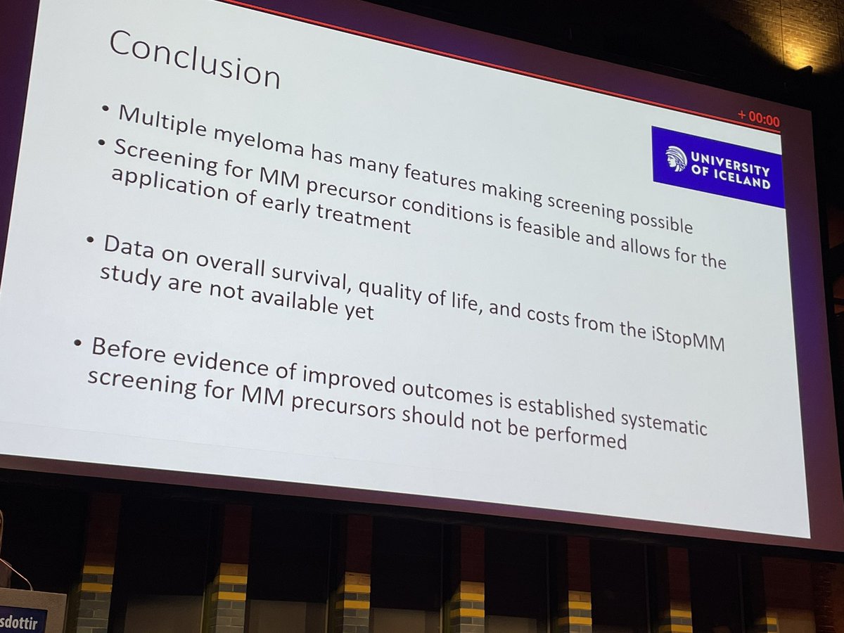 #EMN2023 To screen or not to screen for myeloma👉🏻@iStopMM screened the Icelandic population over 40👉🏻0.5% had SMM but screening for MM is currently not recommended based the data @SigrunThorstei1 giving an excellent presentation