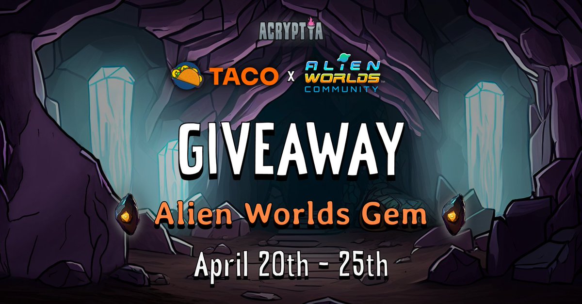 Taco x <a href="/AlienWorlds/">Alien Worlds Official</a> Giveaway! 🚀

Get the chance of winning one of the 20 Alien Worlds Gems on the line 👽🕯️

With the Alien Worlds Gem you will be able to join the Acryptia Boss Battles: each event has a a prize pool of 20,000 TLM 💥

Join now: bblk.io/DfWt 👈