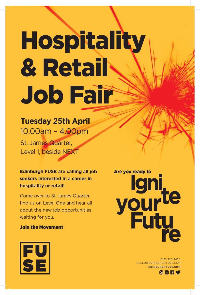 Health & Social Care Recruitment (@ccp_hsc) on Twitter photo Our colleagues at Edinburgh FUSE are calling all job seekers interested in a career in hospitality or retail to come along to their Job Fair on Tuesday 25th April 10:00 - 16:00 at St James Quarter - level 1 (beside NEXT)
<a href="/FuseEdin/">EdinburghFuse</a> Our colleagues at Edinburgh FUSE are calling all job seekers interested in a career in hospitality or retail to come along to their Job Fair on Tuesday 25th April 10:00 - 16:00 at St James Quarter - level 1 (beside NEXT)
<a href="/FuseEdin/">EdinburghFuse</a>