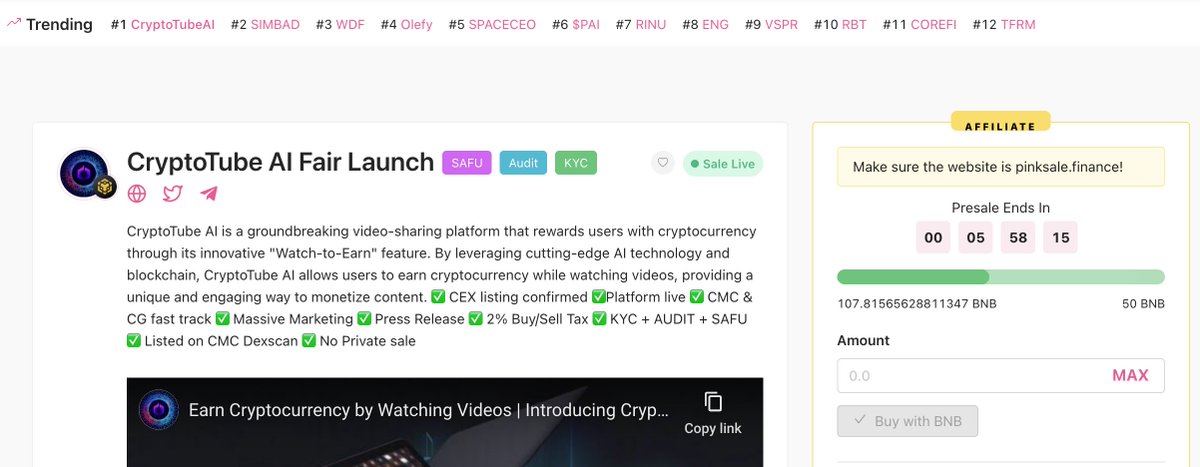 108.32 BNB Raised! Presale ending in 6 hours! Trending #1 on Pinksale🔥🔥
✅Fast Listed on CG &amp; CMC!!
✅CEX confirmed!
✅Lots of Tier-1 and Tier 2 marketing promos coming in the next few hours. Buy it before it is too late!
<a href="/pinkecosystem/">PinkSale (Pink Ecosystem)</a> <a href="/cz_binance/">CZ 🔶 BNB</a> <a href="/PancakeSwap/">PancakeSwap (Monad arc)</a>