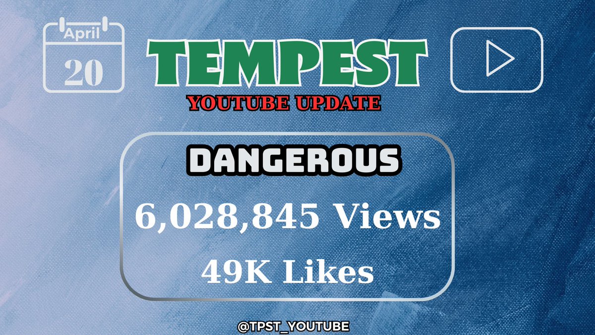 TPST_YOUTUBE's tweet photo. TEMPEST YOUTUBE UPDATE 📊 230420-18PM (KST)

❎ DANGEROUS MV 🎶
🖥️💻📱 6,028,845 Views  
👍49K Likes 
👉 https://t.co/9uTpnkMpCP
🎉 CONGRATULATIONS DANGEROUS 6 MILLIONS  VIEWS 
💪iEs fighting!

#TEMPEST #템페스트 #TPST_YOUTUBE https://t.co/qIh8e1Aa6I
