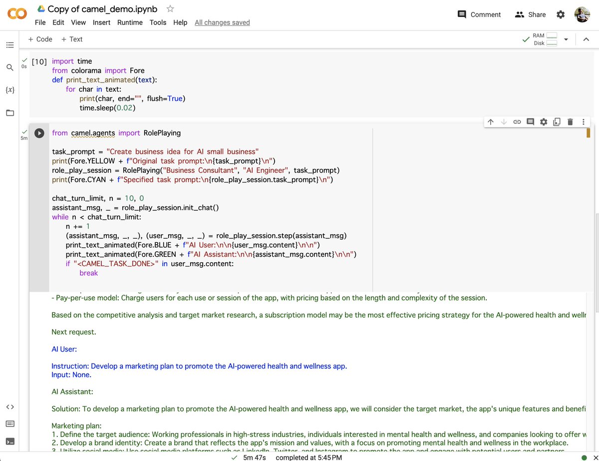 izag82161's tweet photo. AIとAIを自律的に会話させるMultiGPTの一種であるCAMELをGCP上で動かしてみた。会話させたのはビジネスコン猿とスモールビジネス起業を志す凄腕のAIエンジニア。正確無比な結論に驚き‼️ ちなみにかかった費用は$0.01のみ😮💨
#MultiGPT #Camel #AutoGPT
https://t.co/MwWJiUvcFs https://t.co/xc9XmOmNTJ