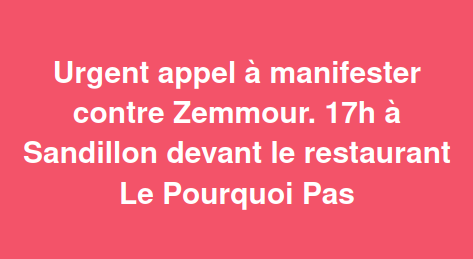 Solidaires45's tweet photo. Vous avez du fumier 💩? Zemmour 🤮 dédicace son livre à #Sandillon, #Loiret près de #Orléans dans le restaurant le "Pourquoi pas" (après s'être fait jeter de toutes les librairies du département ?) Manif là-bas à 17h 💪 #antifascisme https://t.co/0FpbMv6BWK