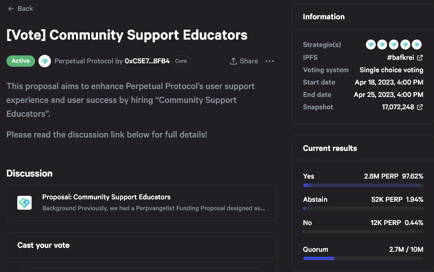perpintern's tweet photo. New Governance Proposal from @perpprotocol now at @SnapshotLabs! $PERP holders can now put their votes in. Let's keep on building!
https://t.co/VTmwv64KuI
#perpprotocol @optimismFND #community #educators #dao #proposal #Governance https://t.co/3IfrFMGA49