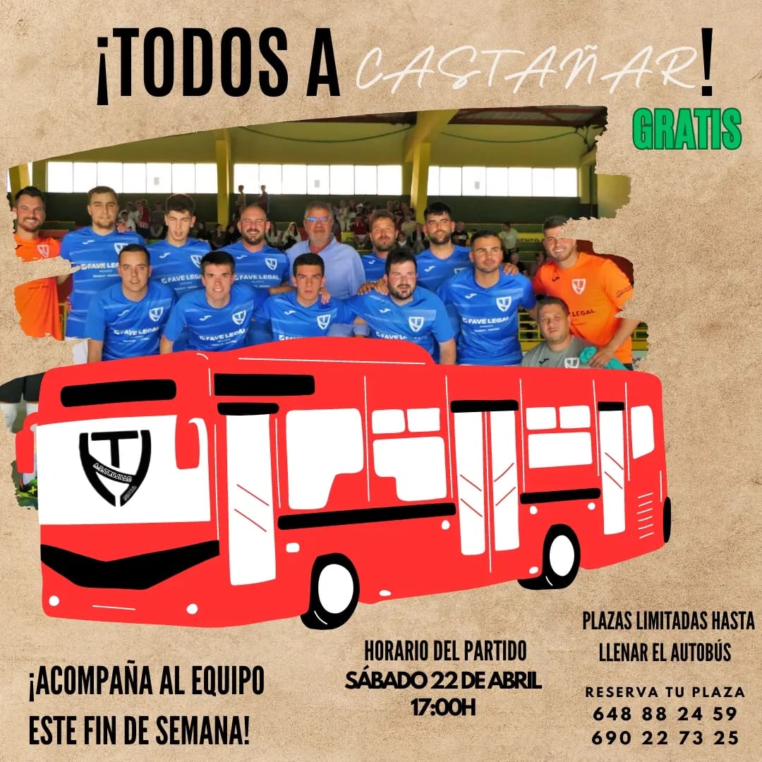 TIC TAC 

Queremos hacer historia y conseguir ser campeones de liga, quedan dos días, el equipo necesita tu apoyo, para ello disponemos de un autobús gratuito, no pierdas más tiempo y apúntate!!

#TrujilloEsDeSala💙❤️
