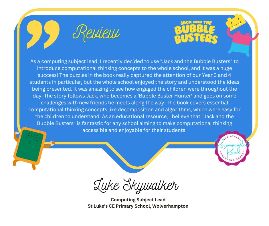 comp4sch's tweet photo. An amazing start to the day receiving a review about the impact the use of my childrens book has had on #primary children and their understanding on #computationalthinking. #bubblebusters #onlinesafety #SBSWinner https://t.co/xLZFLyr6hp #TheSueAtkinsBookClub https://t.co/wnMBSINybN