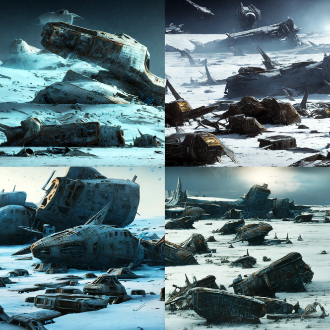 The surface of my world in my work-in-progress #novel "Wink in Shade" is an icy graveyard of spacecraft. This is how #StableDiffusion sees it.
#AIArt #AIArtwork #AIArtworks #aiartcommunity #AIArtistCommunity #AIArtist #AIartists #DigitalArt #StableDiffusionAI #stablediffusionart