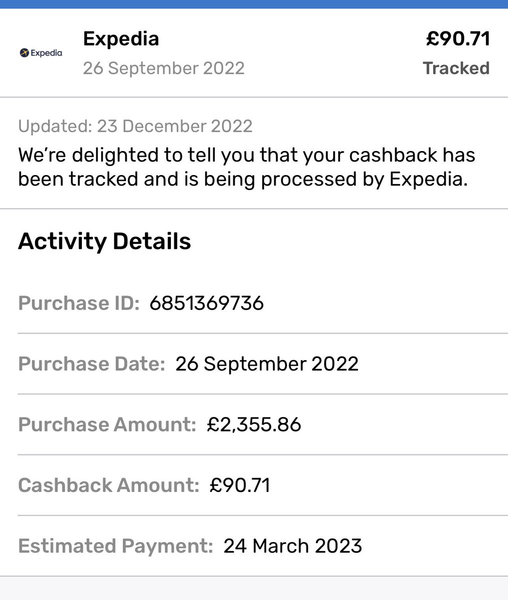 si_white's tweet photo. @quidco Hey Guys 👋🏼 could you give Expedia a poke 👉🏼 on this one please. Ideally for the cash 💷 but at least an updated est payment date 📅 . Thanks 🙏🏻 https://t.co/cRDr8B4r8a