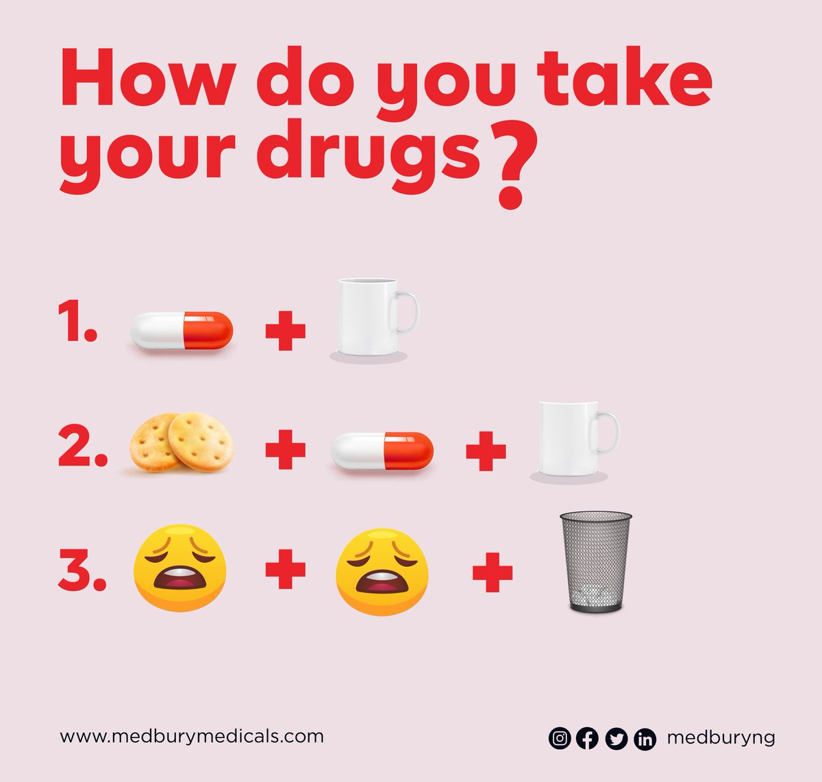 MedburyNG's tweet photo. How do you take your pills? With water, snacks, or you never take them at all? 😀🤪 Drop your answer in the comment section. Let’s go!
#healthcomic #medbury #medburymedicals #justforlaughs #drugs #medpharma #occupationalhealth #420day #Davido #SolarEclipse #عيد_الفطر_المبارك https://t.co/Ak784j2bsX