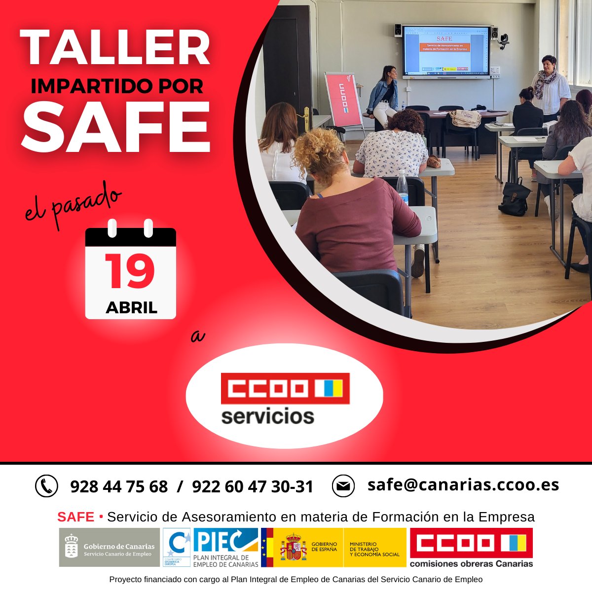 Los pasados 17 y 19 de abril SAFE  impartió sendos talleres de sensibilización sobre planes de formación y acreditación de competencias profesionales para la FSS CCOO Canarias y @CCOOServCan

SAFE  es un proyecto desarrollado <a href="/CCOOCanarias/">CCOO Canarias #AquiSeguimos</a>  en convenio con <a href="/SCEmpleo/">SCE Gobcan</a>