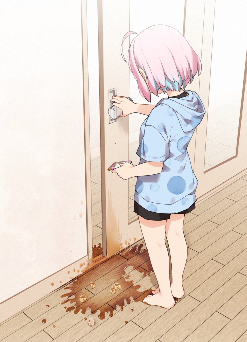 yumemi riamu 1girl failure solo barefoot pink hair ahoge hood  illustration images