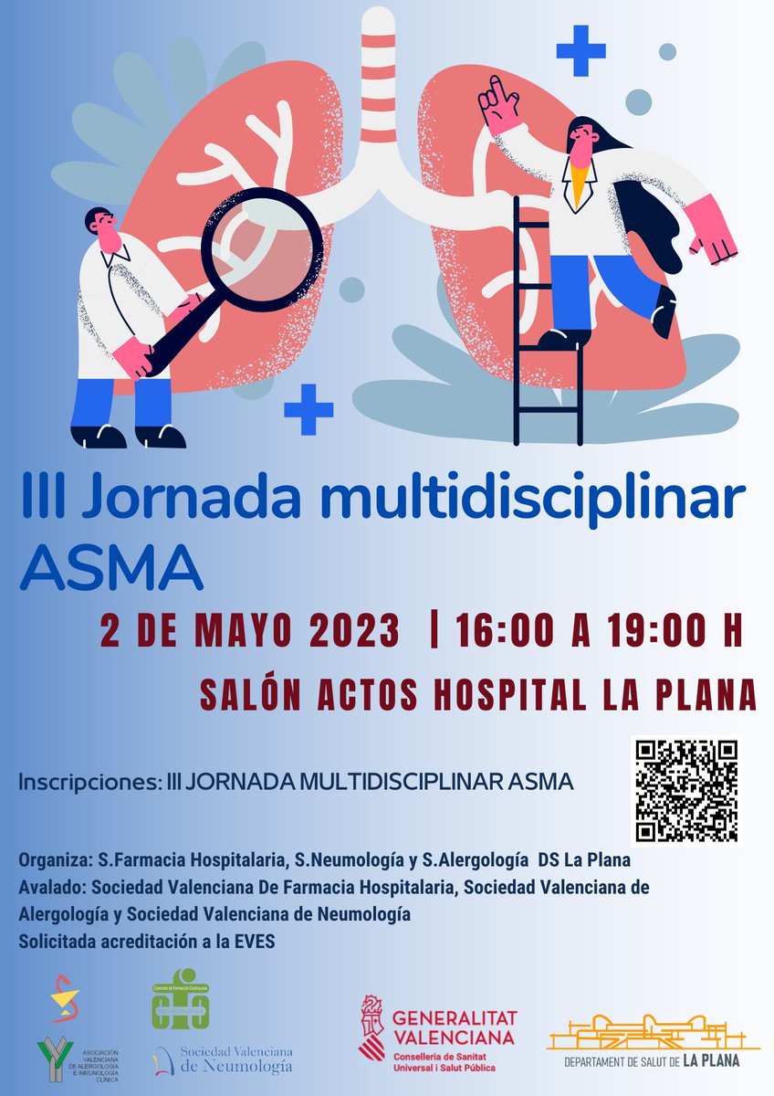 GVAlaplana's tweet photo. 👥@GVAlaplana  acollirà la III Jornada Multidisciplinària d'Asma, organitzada pels serveis de Farmàcia Hospitalària 🧪Al·lergologia🤧 i Pneumologia 🫁
🗓️2 de maig 
⏰16.00 a 19.00 h
📍Sala d'actes de l'hospital 
🔗III JORNADA MULTIDISCIPLINAR ASMA
@FarmaciaLaPlana 
@GVAsanitat https://t.co/q4WBcSdqIU