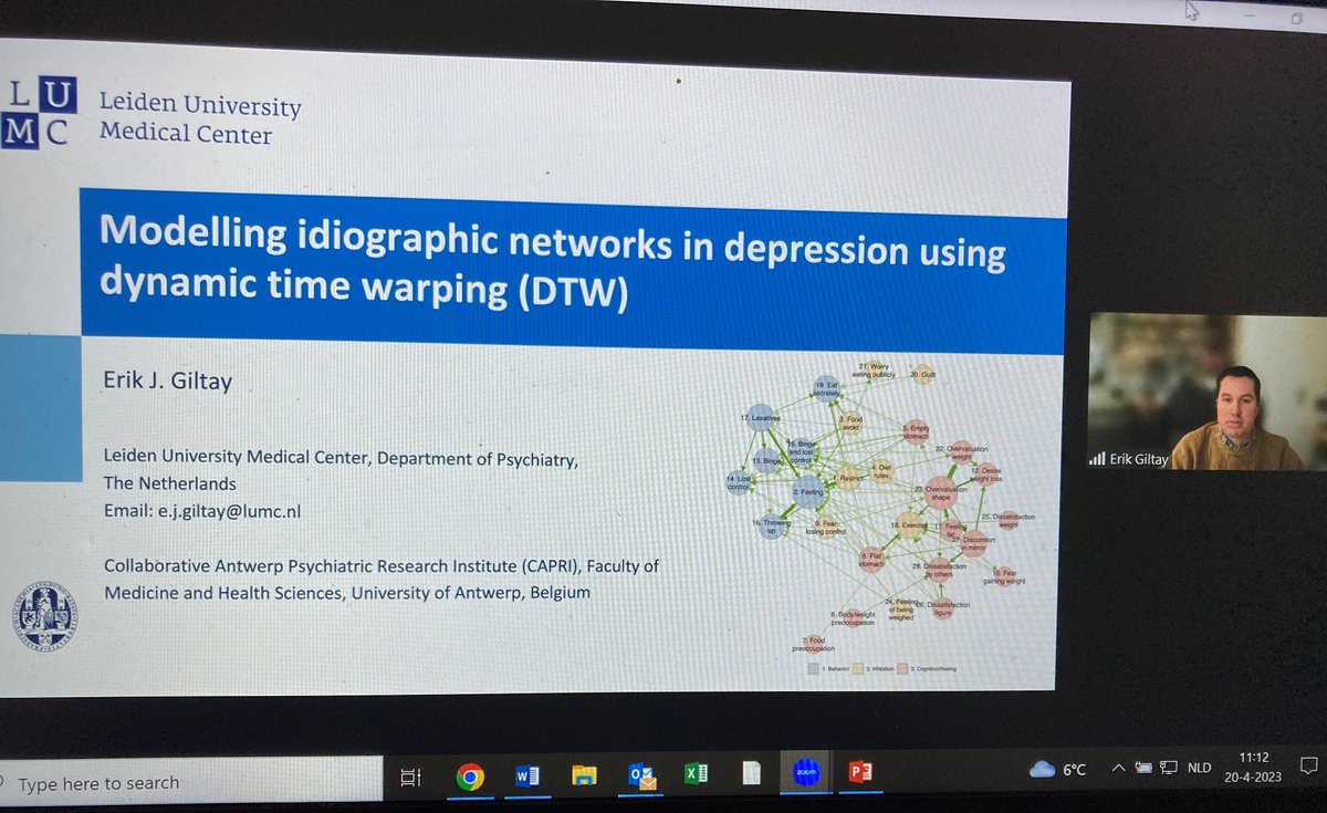 Second talk in today's NSMD network meeting:
Erik Giltay, from Leiden University, Department of Psychiatry, shares with us his work on modelling idiographic networks in depression using dynamic time warping.👍