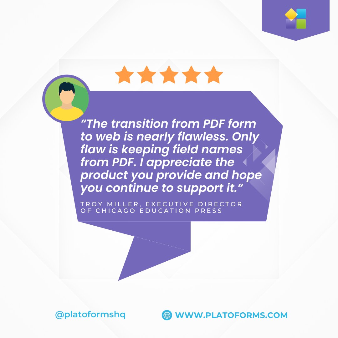 PlatoformsHQ's tweet image. "Nice product, fills a unique niche I was in dire need of"
Thanks for the kind words, Mr. Troy! We're always happy to help. 🤗
#webforms #webform #softwaretools #pdf #platoforms