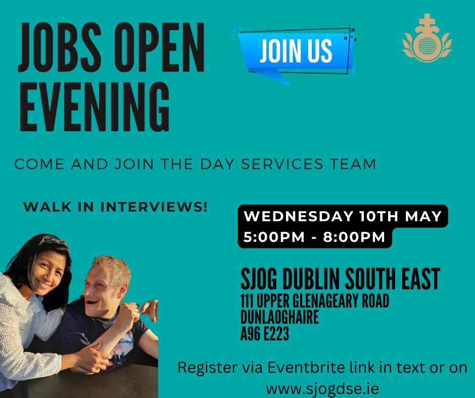 Job’s Open Evening St John of God Dublin South East – Wednesday 10th May 5-8pm 

Bring your CV and drivers licence and interview on the spot

Register to attend here: bit.ly/41fIwmC

Check out and apply for available role here;
sjogdublinsoutheastservices.ie/jobs/