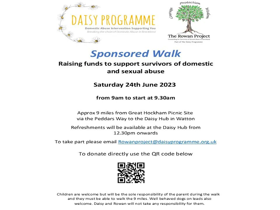 therowanproject's tweet photo. We are organising a 9 mile sponsored walk to raise vital funds for The Rowan Project and The Daisy Programme to allow us to continue to support survivors of sexual abuse and domestic abuse in the Breckland area. See details below .... https://t.co/w1AyZkYX5Z