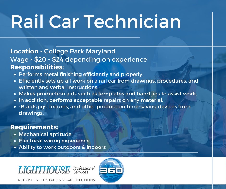 Lighthouse Professional Services is looking for a Rail Car Technician in College Park, Maryland. This role pays $20 - $24 per hour. Get in touch with the team today or apply using the link below! #nowhiring #jobs #MarylandJobs