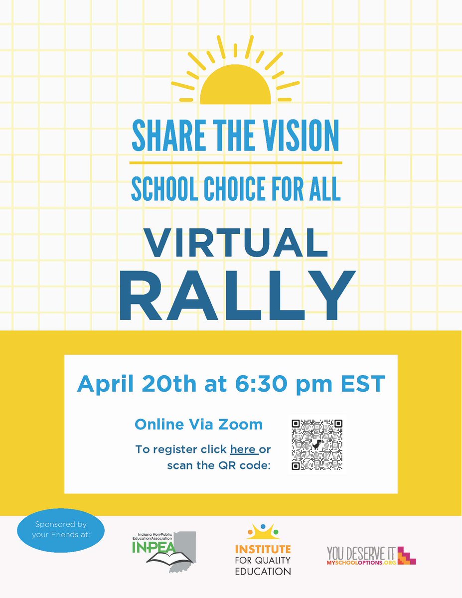 Stand up for school choice! Join INPEA and <a href="/i4qed/">Institute for Quality Education</a> for a virtual rally TODAY at 6:30 p.m. ET! This hour-long session will include informative speakers, prizes, and ways you can take action in support of school choice NOW. Register today at ow.ly/UGmH50NKAin.