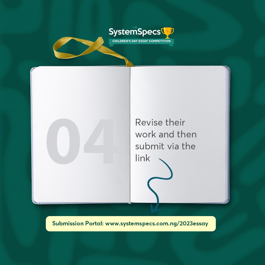 SystemSpecsNig's tweet photo. For more enquiries and to submit your essay, visit https://t.co/P7XBA07iLS
#CDEC2023 #EssayCompetition #ChildrenEssayCompetition #2023CDEC #ChildrenCompetition
#SystemSpecsCDEC2023 #SystemSpecs https://t.co/FLjoEuIBzN